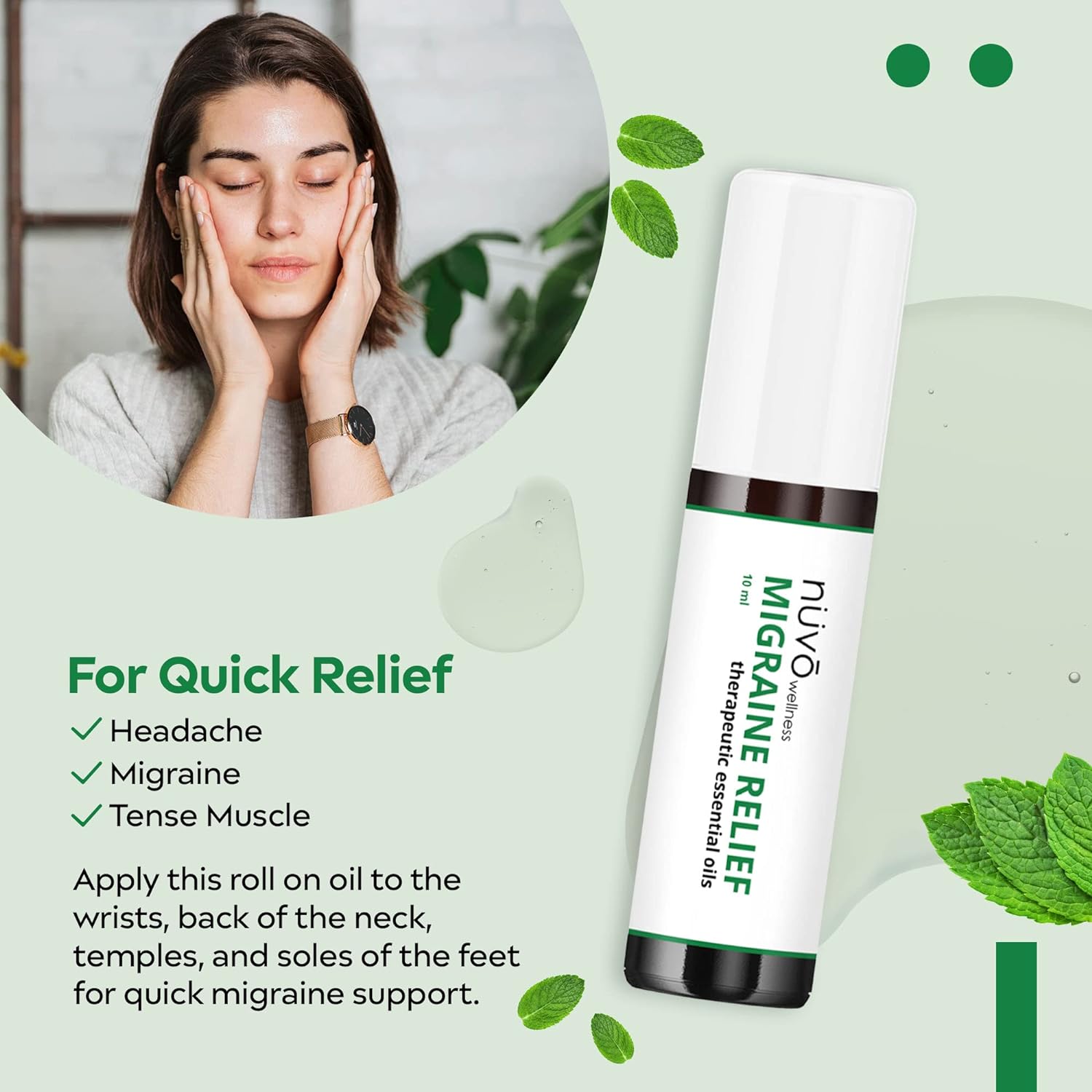 Migraine Relief Roll-On, Made with Peppermint, Lavender, Eucalyptus, &