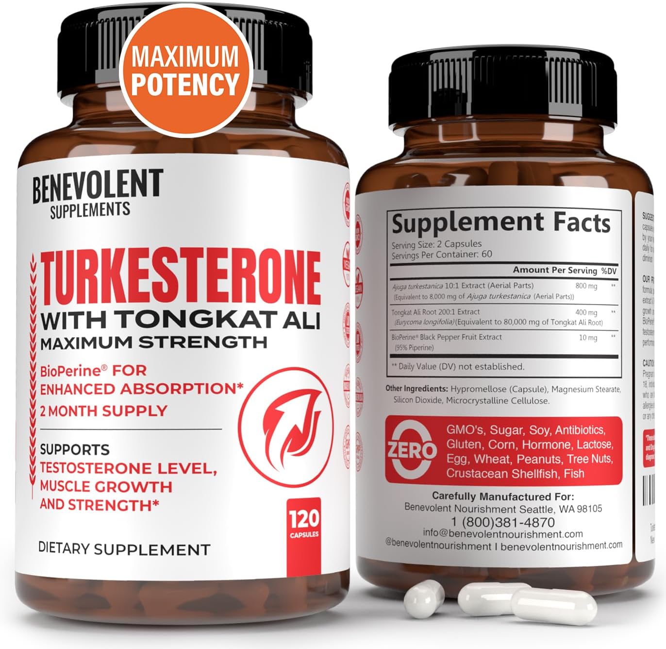Turkesterone 8,000Mg [Highest Purity] + Bioperine For High Absorption Supplement With Tongkat Ali - Increase Stamina, L
