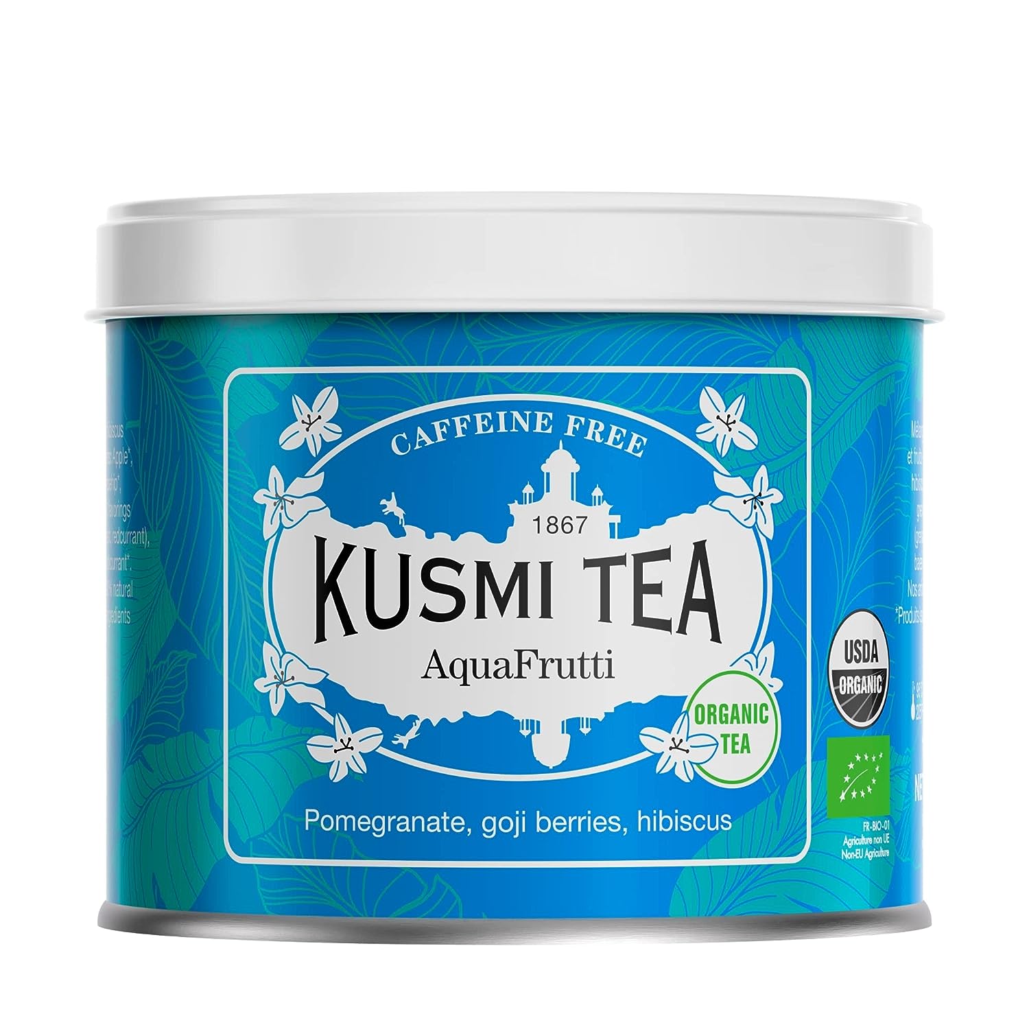 Kusmi Tea AquaFrutti  Loose Tea Tin - Organic Blend of Hibiscus, Pomegranate, Apple, Blackcurrant & Goji Berries - Caffeine Free - Enjoy Hot or Iced