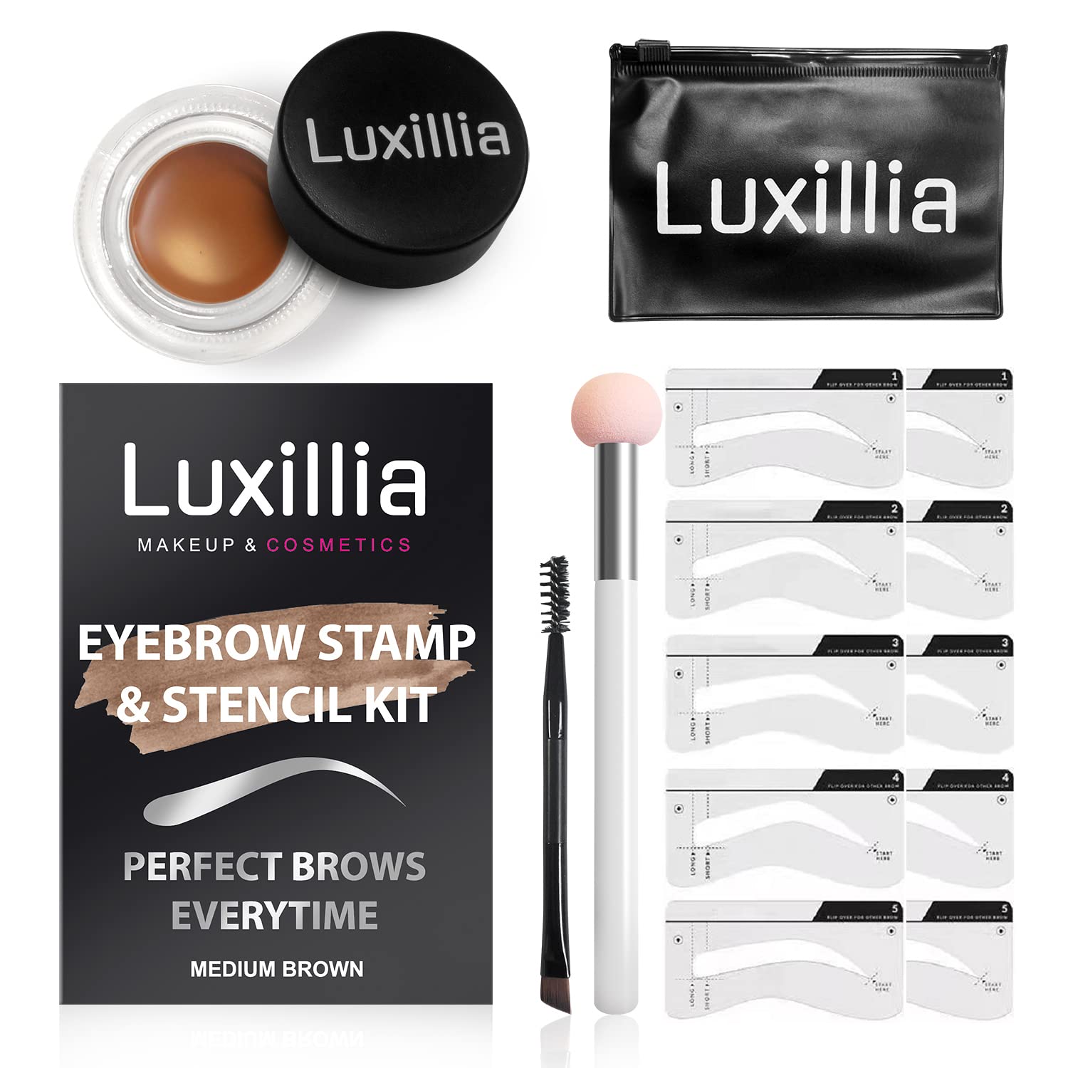 Luxillia Eyebrow Stamp Stencil Kit Pomade, Perfect Instant Brows Every Time, Adjustable for all Eyebrow Shapes, Waterproof and Sweatproof, Reusable & Super Easy To Use (MEDIUM BROWN)