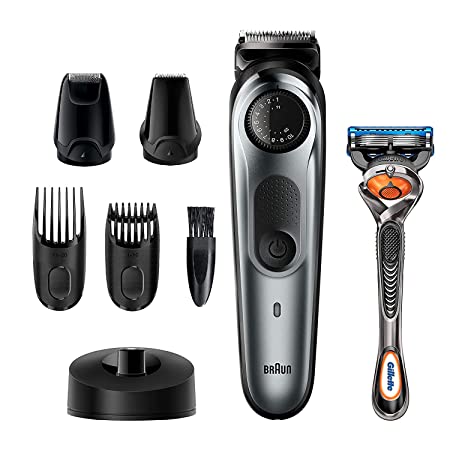Braun Beard Trimmer for Men BT7240, Cordless & Rechargeable Hair Clipper, Detail Trimmer, Mini Foil Shaver with Gillette ProGlide Razor, Black/Silver Metal