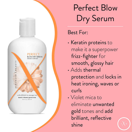 Strength x Beauty - Perfect Blow Dry Serum - Keratin-Infused Blow Dry Serum to Eliminate Frizz, Add Shine, and Hold Shape - Gluten-Free Formula w/Keravis PE (8.4 . salon size)