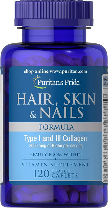 Puritan'S Pride Hair, Skin & Nails Formula, Helps Support Skin, Hair And Nail Health**, 120 Caplets,, 120 Count (Pack Of 1)