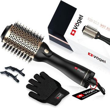 Vögel Nano Titanium Hot Air Brush & Hair Dryer - One Step Volumizer,Professional Blowout for Style and Dry,Incl Clips, Gloves,Gold