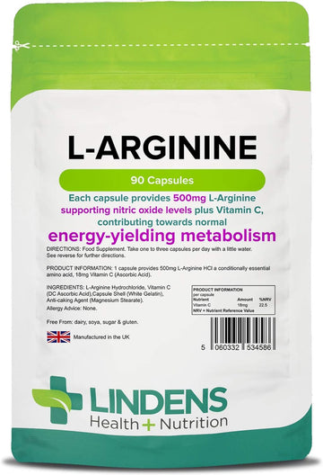 Lindens L-Arginine 500mg Capsules - 90 Pack - an Amino Acid Supplement0.28 Grams