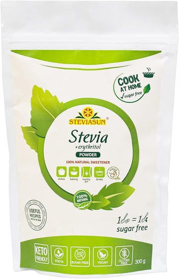 Mix of Pure Stevia Powder and Erythritol Sweetener Powder Sugar Substitutes 10.6 Ounce (300 g) - All Purpose Sugar Free