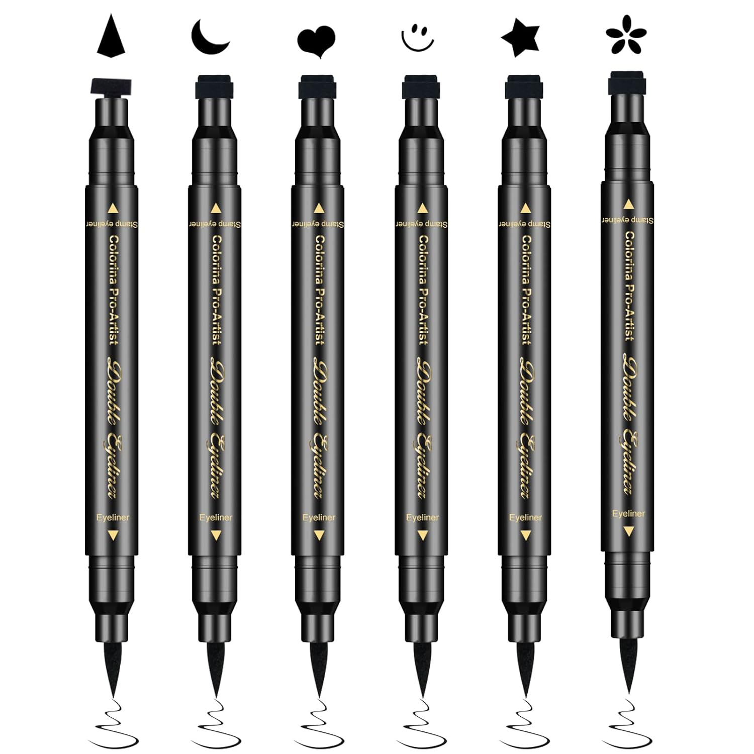 Ownest 6 Pcs Liquid Eyeliner Set,Double-Side Eyeliner Stamp Pen Eyeliner Tattoo Tool Waterproof Smudge-proof Eyeliner Stamp Makeup-Smiley, Triangle,Heart,Star,Moon,ower