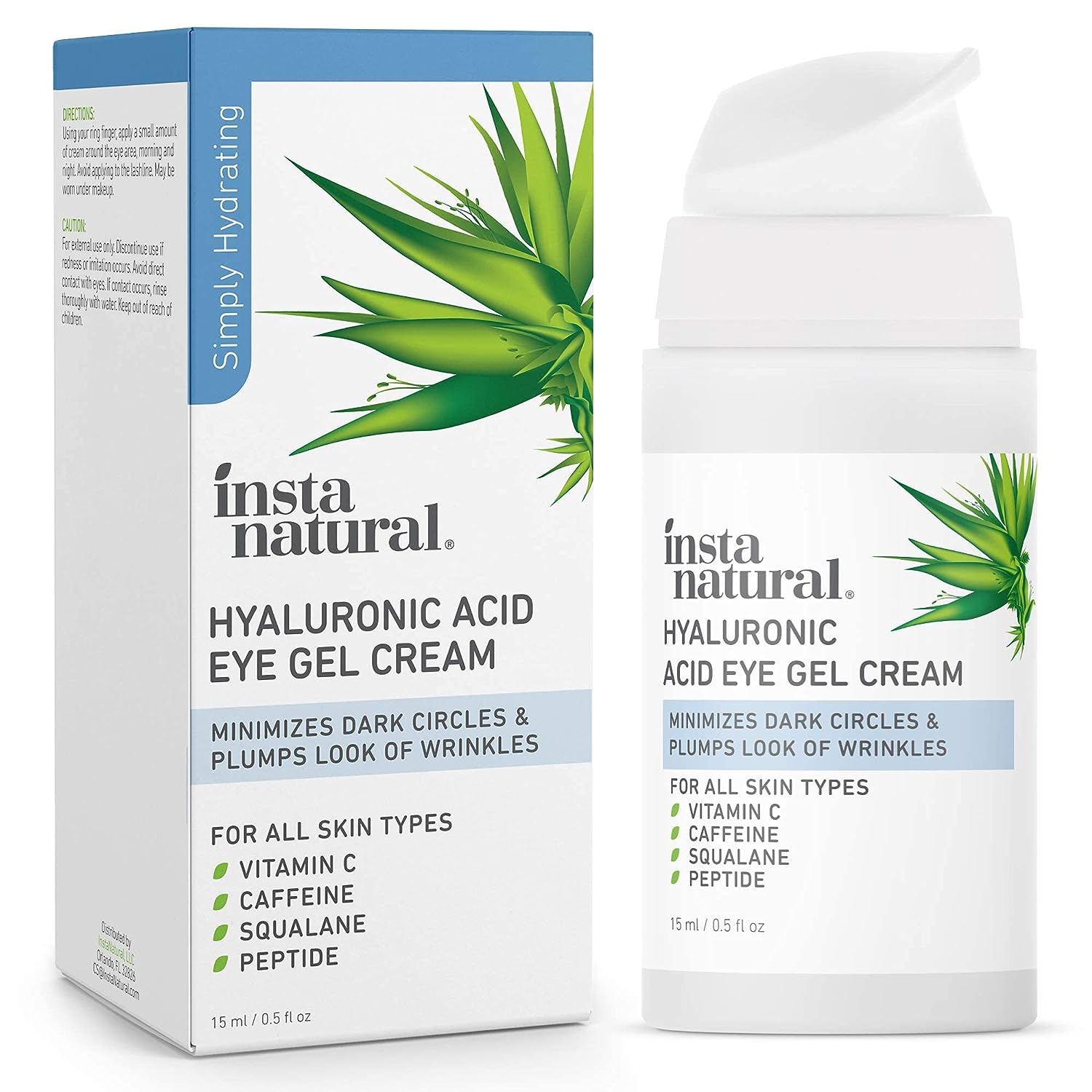 InstaNatural Hyaluronic Acid Eye Gel Cream, Hydrating Eye Cream for Puffiness, Dark Circles and Wrinkles with Vitamin C, Caffeine, Squalane and Peptides, Suitable for Sensitive Skin