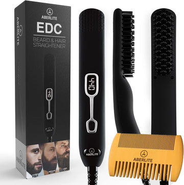 Aberlite EDC - Premium Beard Straightener Brush for Men - Professional Straightening Tool Heated Comb - Beard Kits for Men - Beard Kits Gift Sets Men - Beard Grooming Kit for Men Gift Set (Black)