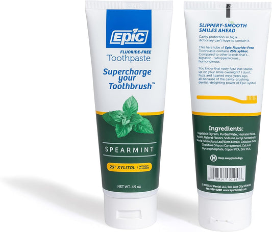 Epic Xylitol Toothpaste - Sugar Free & Aspartame Free Toothpaste Sweetened w/ Xylitol for Clean Teeth & Gum Health (Spearmint, 4.9 Tube, 2 Tubes)