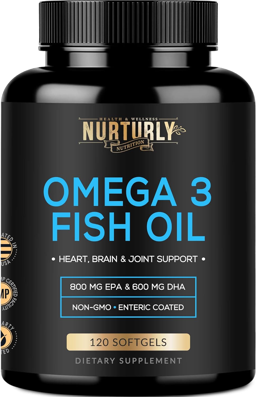 Omega 3 Fish Oil 2000mg, 800mg EPA and 600mg DHA - Enteric Coated and Burpless - Supports Joint, Brain, and Heart - Burp