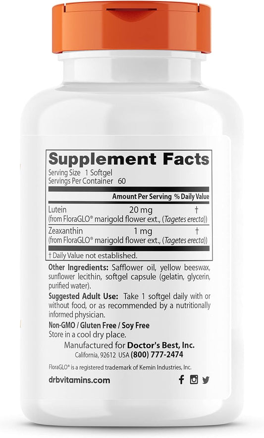 Doctor's Best Lutein with FloraGLO, Gluten Free, Vision Support, 60 Softgels