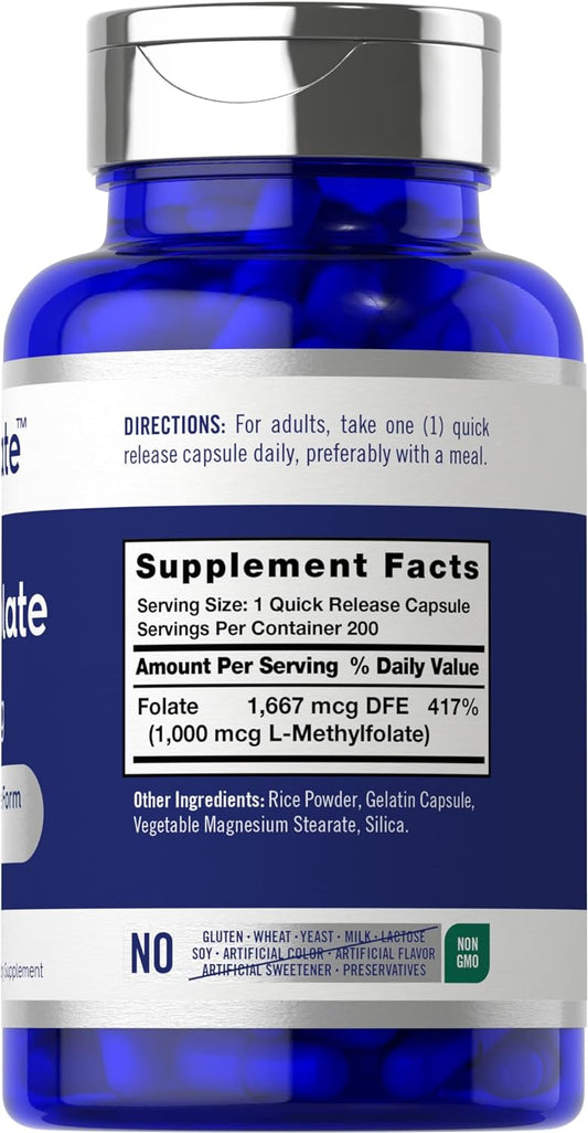 L Methylfolate 1000mcg | 200 Capsules | Value Size | Optimized and Act