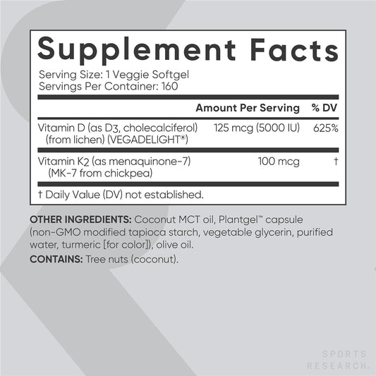 Sports Research Vitamin D3 K2 With 5000Iu Of Plant-Based D3 & 100Mcg O