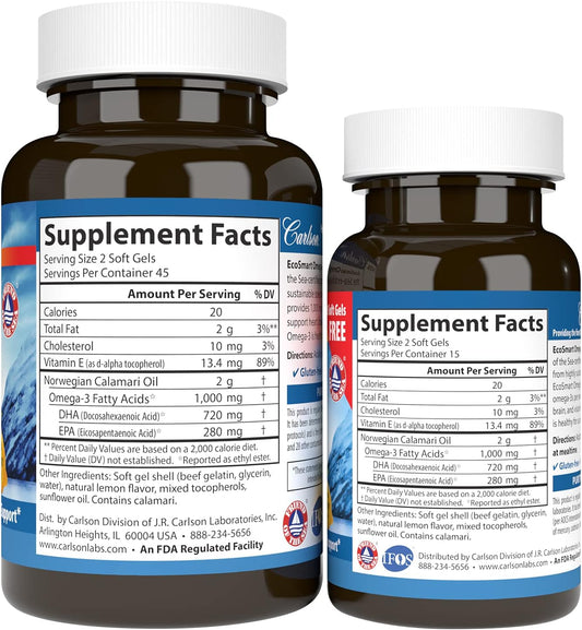 Carlson - EcoSmart Omega-3, 1000 mg Omega-3s Sustainable Source, Heart Health, Brain Function & Vision Support, Lemon, 9