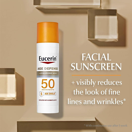 Eucerin Sun Age Defense SPF 50 Face Sunscreen Lotion with Hyaluronic Acid, Facial Sunscreen with 5 Antioxidants, 2.5   Bottle (Color: White)