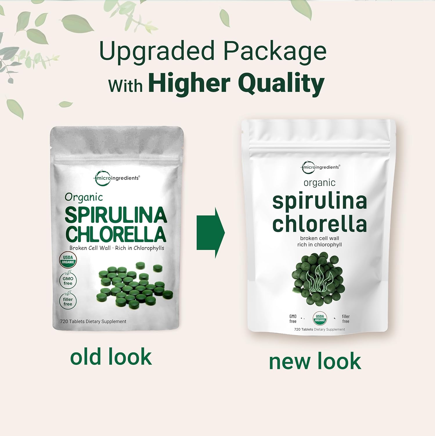 Organic Chlorella Spirulina Tablets, 3000mg Per Serving, 720 Counts, 4