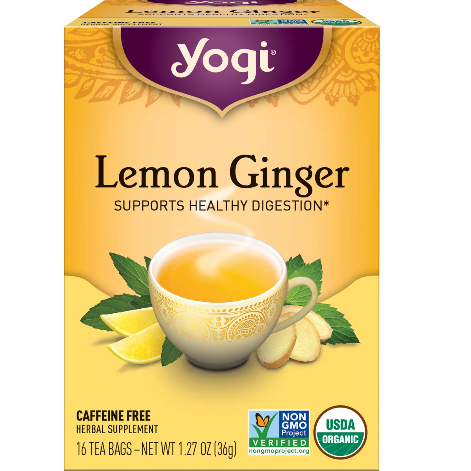 Yogi Tea - Lemon Ginger Tea (6 Pack) - Supports Healthy Digestion with Ginger, Lemongrass, and Licorice Root - Caffeine Free - 96 Organic Herbal Tea Bags