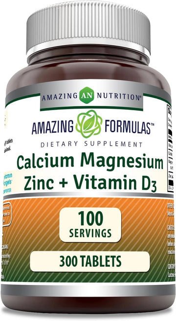 Amazing Formulas Calcium Magnesium Zinc D3 - 300 Tablets Per Bottle Supplement (Calcium 1000mg - Magnesium 400mg - Zinc 25mg Plus Vitamin D3 600 IU - Per Serving of 3 Tablets)