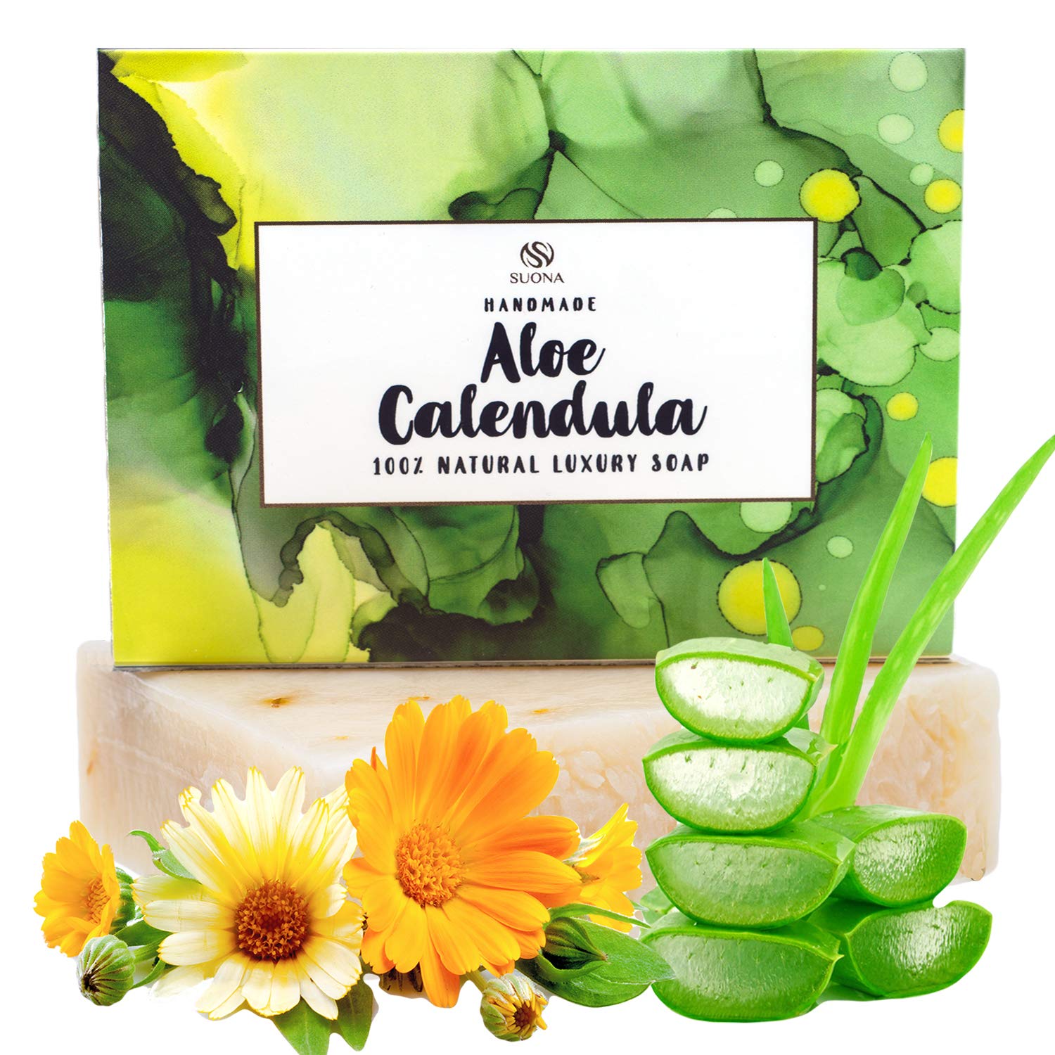 Suona Organic Aloe Vera Calendula Oil Soap - Face & Body Wash | Aloe, Calendula & Shea Butter | Soothes & Nourishes All Skin Types