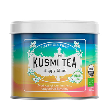 Kusmi Tea Happy Mind - Loose Tea Tin - Plant-Based Organic Herbal Tea with Dragon Fruit, Turmeric, Apple, Chili Pepper, Moringa, Lemon & Ginger - Caffeine Free - Enjoy Hot or Iced