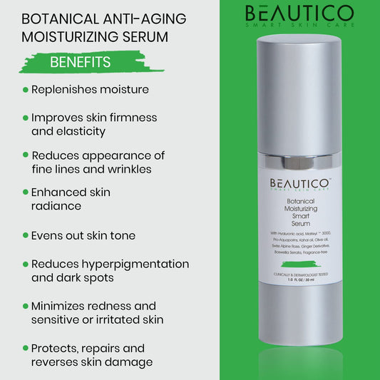 Beautico All-In-One Anti-Aging Moisturizing Serum for Wrinkles, Fine Lines, Skin Firming, Hyperpigmentation, Dark Spots - Vegan Face Hydrating Skincare Collagen Moisturizer with Hyaluronic Acid, Peptides - 1.0