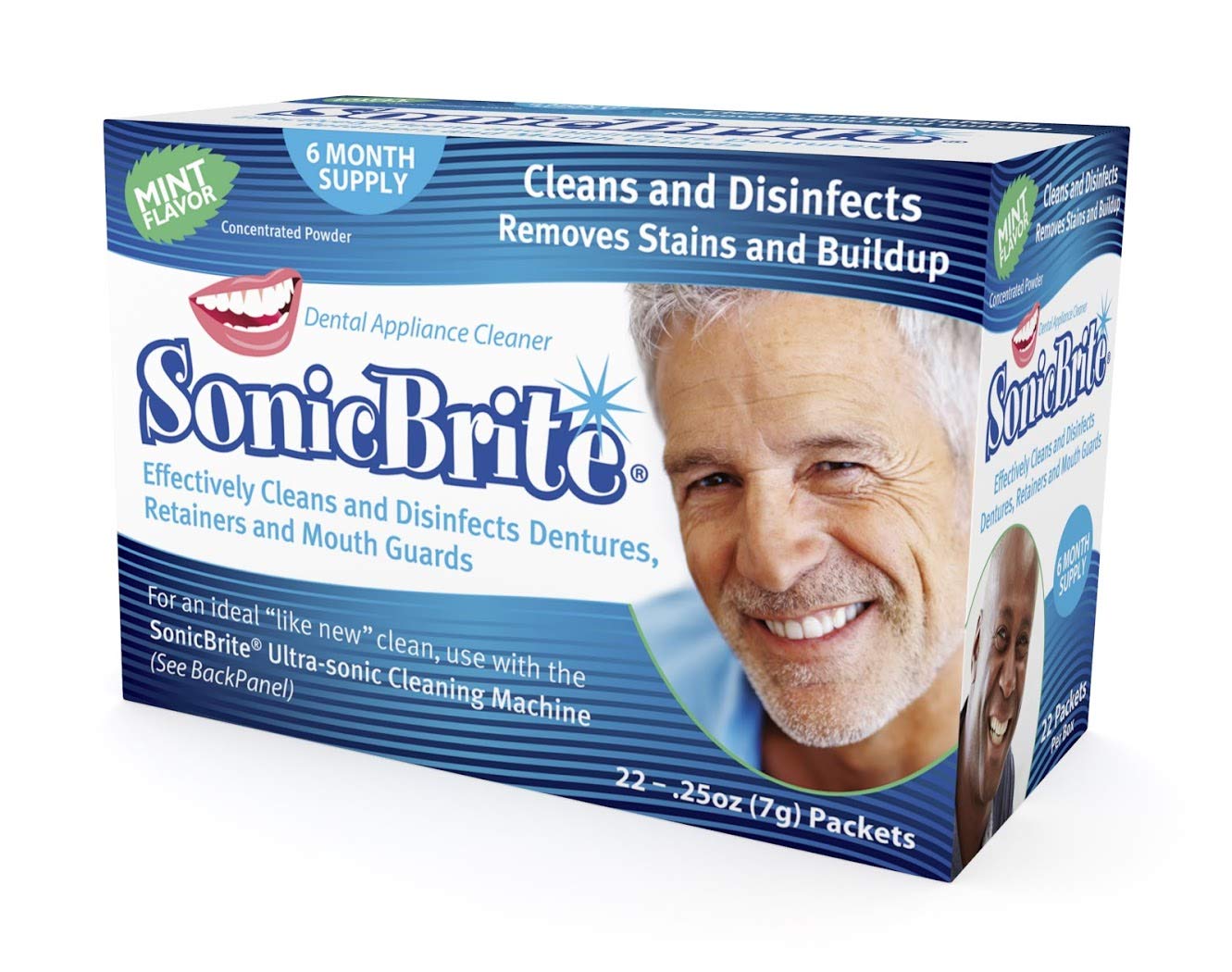 SonicBrite: Cleaning Powder for Dentures, Retainers, Night Guards, Aligners, and More — 6 Month Mint avored Cleaner Supply — Powerful Formula Removes Stains and Plaque