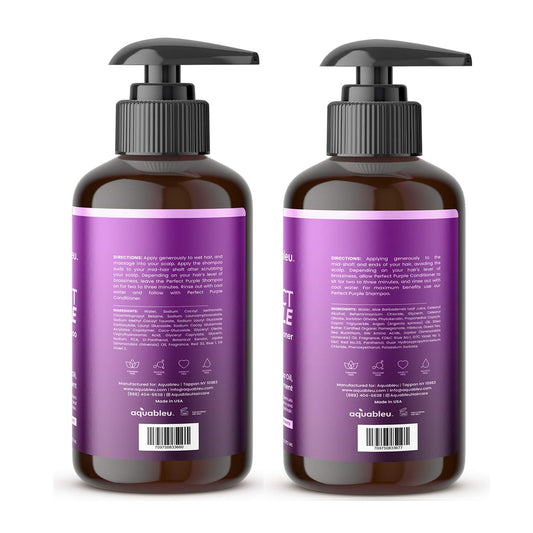 Aquableu Perfect Purple Shampoo & Conditioner Set – Color Correcting To Remove Brassy & Unwanted Yellow Tones – For Silver, Gray, Blond, Bleached, & Highlighted Hair – Moisturizing & Illuminating – 16