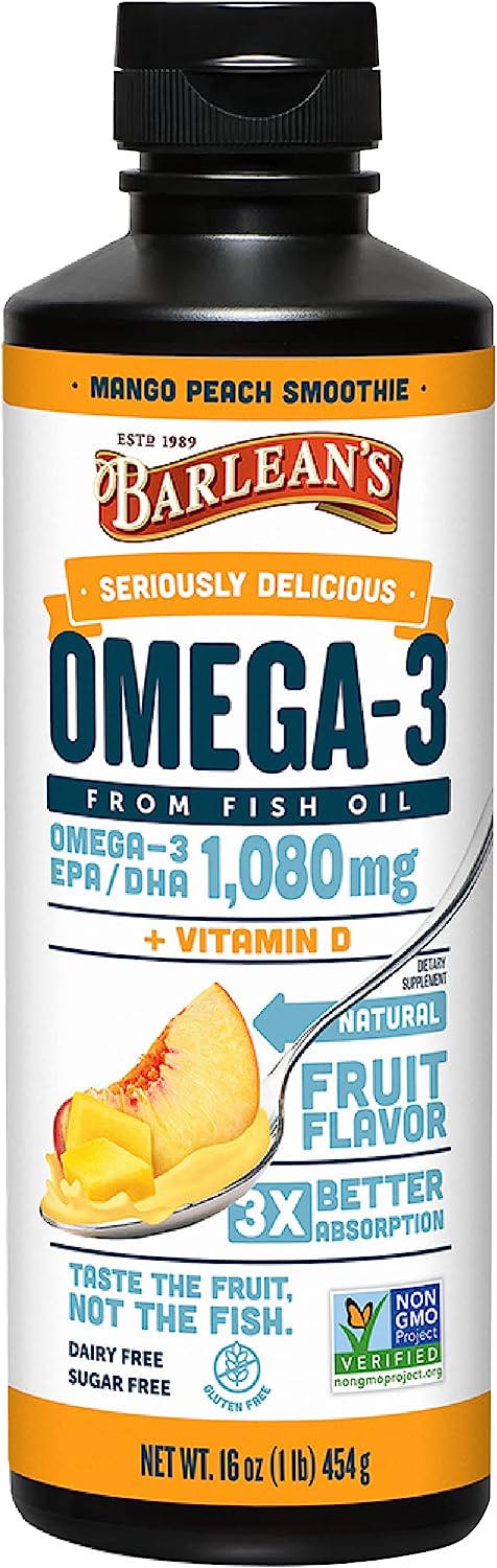 Barlean's Mango Peach Omega 3 Fish Oil Liq Supplement with Vitamin D, 1080mg EPA & DHA Fatty Acid, Smoothie avored & Burpless for Brain, Joint, & Heart Health, 1