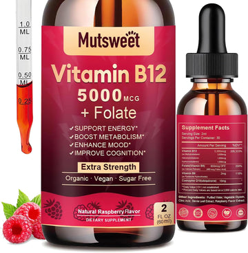 Vitamin B12 5000 mcg Extra Strength, (Vegan) B12 Sublingual Liquid 2 Fl Oz - Tri-Blend B12 Methylcobalamin Drops with Fo