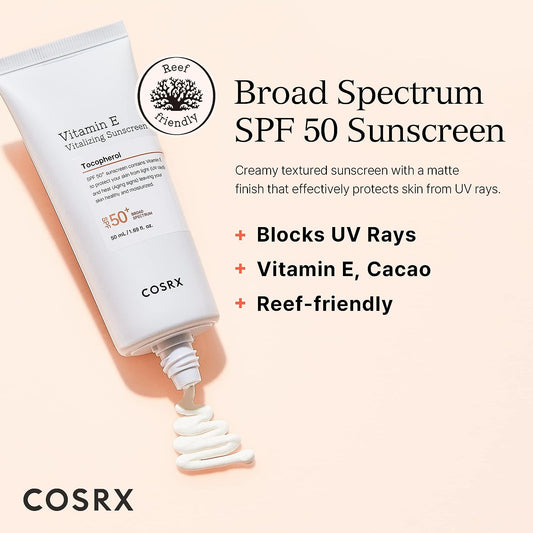 COSRX Daily SPF 50 Vitamin E Vitalizing Sunscreen, OTC Broad Spectrum UVA & UVB Protection, Lightweight & No White Cast, Invisible Semi Matte Finish, Sebum Balancing, Reef Friendly, Korean Skincare