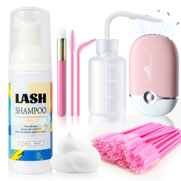 Buqikma Lash Shampoo for Lash Extensions,2.11 Eyelid Cleansing Foams,USB Mini Lash Fan,Bottle Mascara Brush Cleaning Brush Lash Cleaning Kit for Professional & Home Use(Pink)