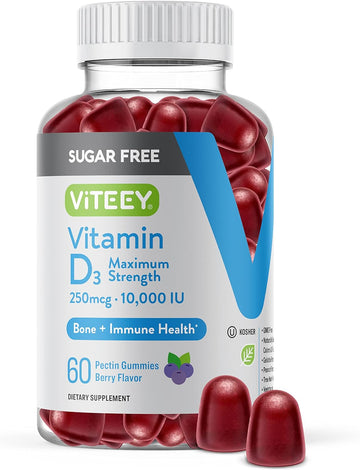 Vitamin D3 Gummies Sugar Free 10,000 IU 250mcg - Maximum Strength for Bone, Joint & Muscle Health | Immune Boost for Men