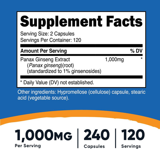 Nutricost Panax Ginseng 1000mg, 240 Capsules - Non GMO, Glut