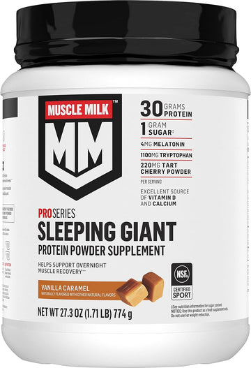 Muscle Milk Pro Series Sleeping Giant Protein Powder Supplement, Vanilla Caramel, 1.71 Pound, 18 Servings, 30G Protein, Overnight Muscle Recovery, 1G Sugar, Melatonin, Tryptophan, Packaging May Vary