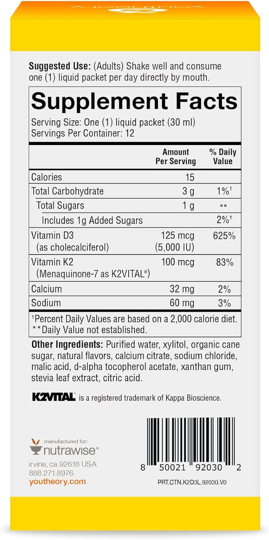 Youtheory K2 and D3 Daily Vitamin Supplement for Calcium Absorption, Bone Strength and Cardiovascular Support, Liq Peach avor, 12 ? 1 Single Serving Packets
