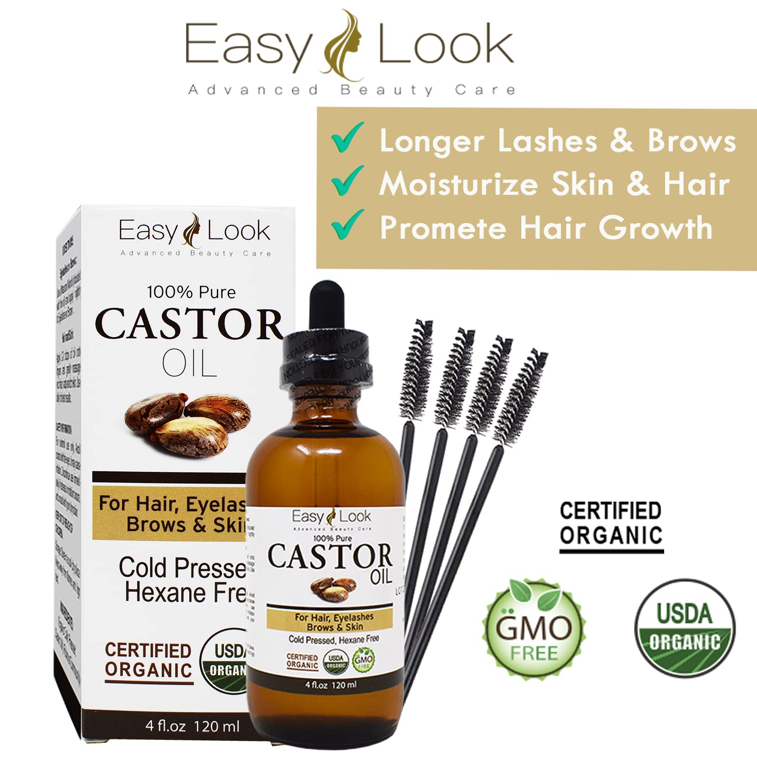  EASY LOOK Castor Oil 4oz, USDA Certified Organic 100% Pure,