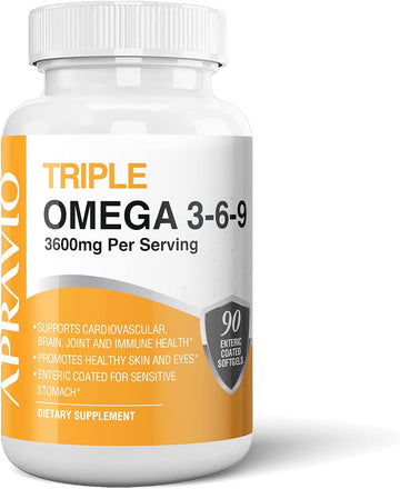 APRAVIO Triple Omega 3-6-9 Fish Oil, Omega Supplement for Adults, Essential Fatty Acids, Non-GMO, 90ct Enteric Coated So