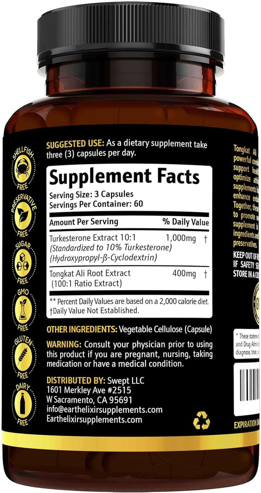 Earth Elixir Turkesterone 1000mg and Tongkat ali 400mg Supplement (180 Capsules) - Made in USA - 3rd Party Tested - Tong