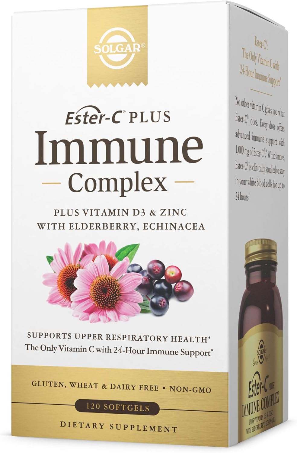 Solgar Ester-C Plus Immune Complex -120 Softgels, 24-Hour Immune Support, Supports Upper Respiratory Health - Plus D3, Zinc, Elderberry & Echinacea - Non-GMO, Gluten Free, Dairy Free - 60 Servings