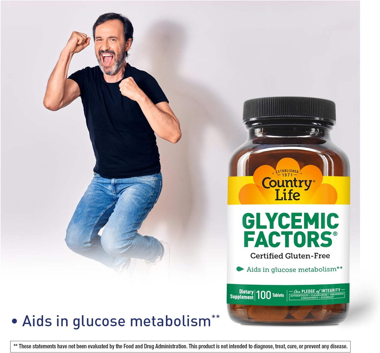 Country Life Glycemic Factors, 100 Tablets, Certified Gluten Free, Cer