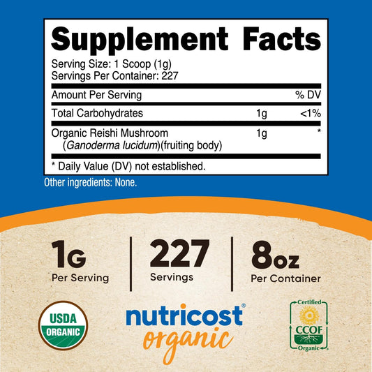 Nutricost Organic Reishi Mushroom Powder 0.5LB (8oz) - USDA Certified