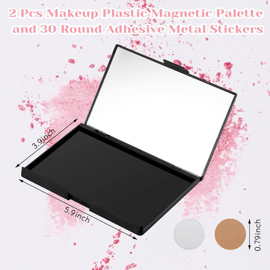 2 Pcs Makeup Plastic Magnetic Palette Magnetic Eyeshadow Palette Empty Cream Blush Palette with Mirror and 30 Round Adhesive Metal Stickers for Eyeshadow Lipstick Blush Powder Foundation, Black