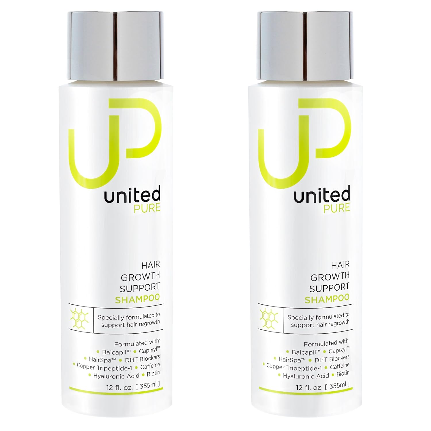 United Pure Hair Growth Support Shampoo, 2X 12Oz Bottles | DHT Blocking Anti Hair Loss Set | w/ Baicapil, Capixyl, HairSpa, Biotin | Hyaluronic Acid, Keratin, Copper Tri-Peptide 1 & More