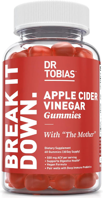 Dr. Tobias Apple Cider Vinegar Gummies, Includes 500 mg Apple Cider Vinegar with Mother, Folate, B12 & Iodine, Supports Gut Health, Cleanse & Detox, Vegan & Gluten-Free, 60 Gummies