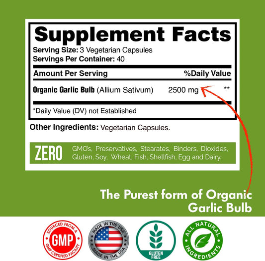 Happi Mi Nutrition Organic Garlic Capsules 2500mg, California US Grown, Immune Support, Healthy Cholesterols and Heart,