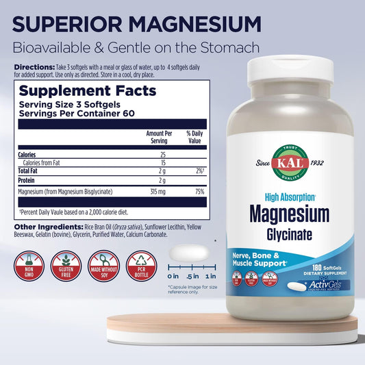 KAL Magnesium Glycinate ActivGels 315mg, Fully Chelated, High Absorpti