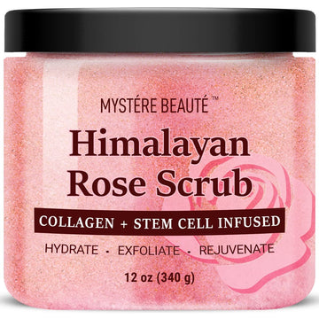MYSTERE BEAUTE Himalayan Salt Body Scrub 12  - with Collagen and Stem Cells - Exfoliating Salt Scrub for Cellulite - Deep Cleansing for Acne, Scars, Wrinkles - Moisturizes Skin