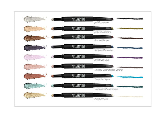Susan Posnick Cosmetics Eyeliner with Dual Colors and Eyeshadow (Jet/Moonstone)– Dual-Ended Angled Pencil & Blendable Self-Dispensing Eye Shadow in Slender Container