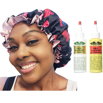 Zomac Satin Bonnet Black Bundled with Hair Growth Oil, Overnight Hair Protection and Treatment Bundle (Hearts)